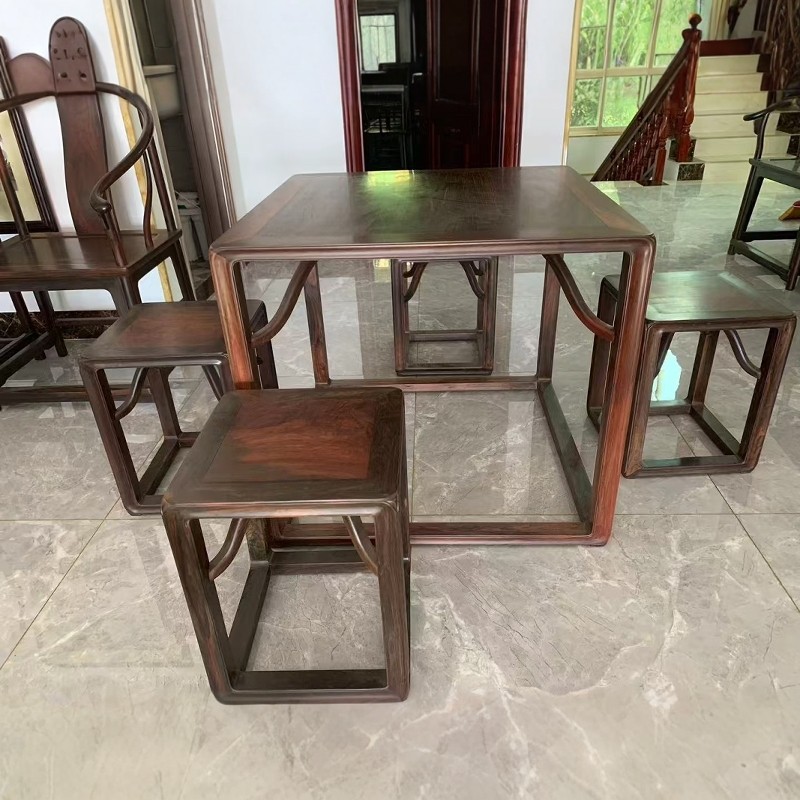 老挝大红酸枝复古餐桌八仙桌交趾黄檀回形桌古典红木家具榫卯结构