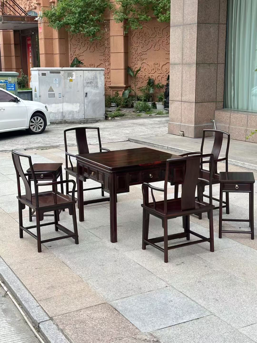 老挝大红酸枝交趾黄檀麻将桌休闲桌五件套打牌桌餐桌清式明式家具