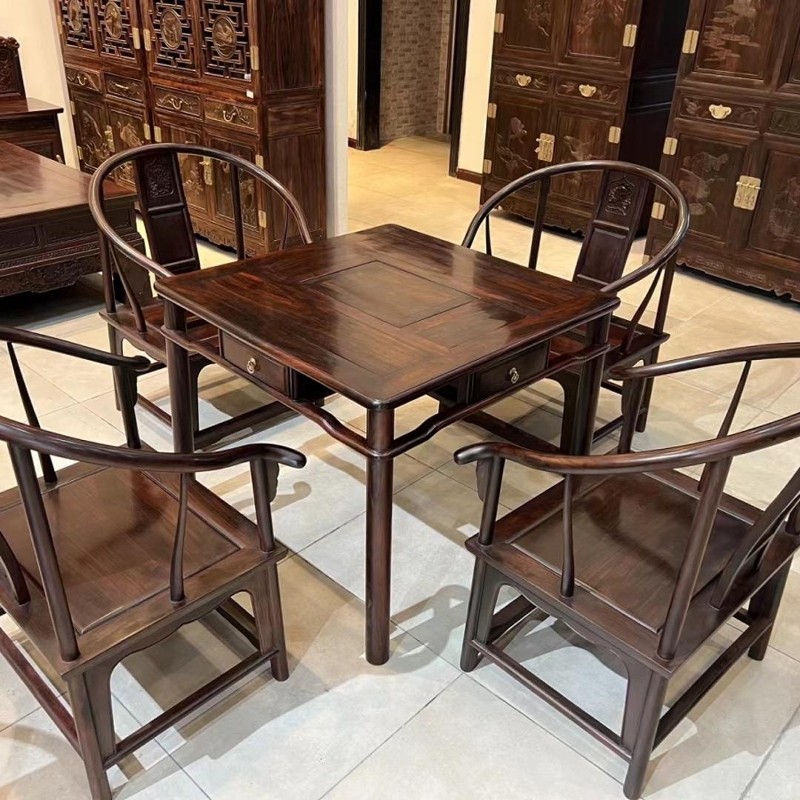 大红酸枝休闲桌五件套四方桌交趾黄檀休闲桌仿古餐桌摆件红木实木
