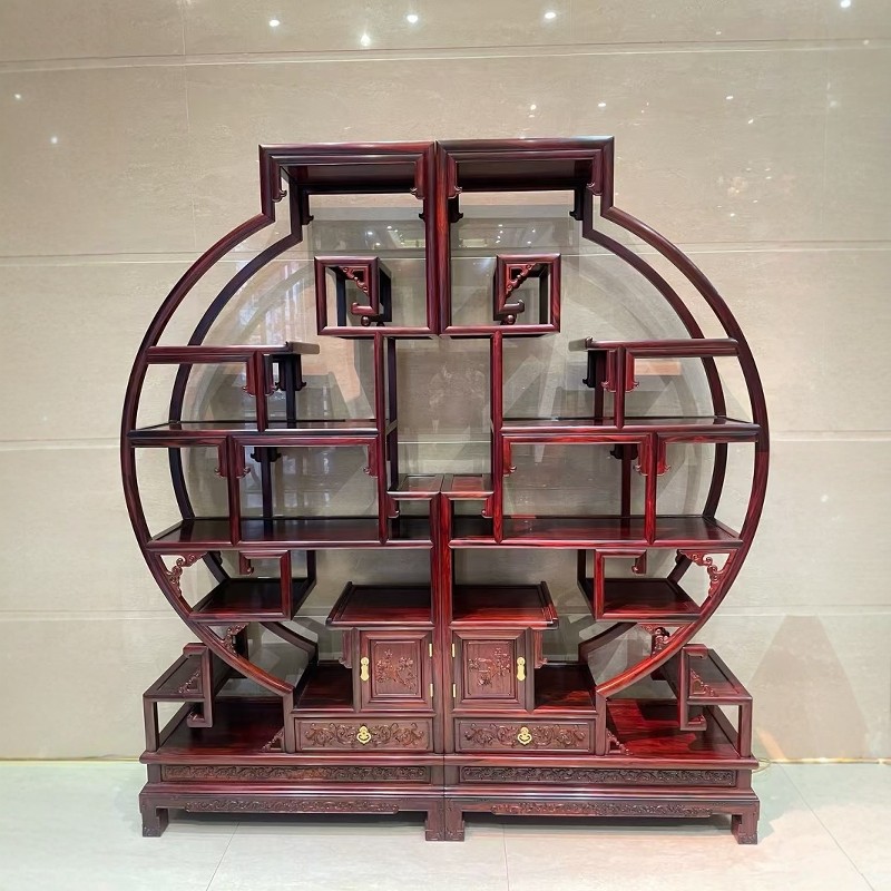 大红酸枝博古架红木家具黑飘红外方内圆展示柜客厅玄关书架子收纳