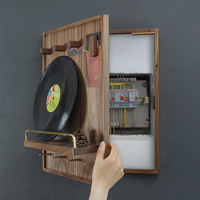 实木开合电表箱遮挡胡桃木玄关收纳配电箱带挂钩推拉电闸箱装饰画