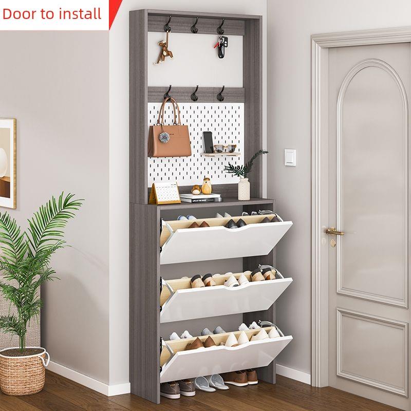 新型实木翻斗鞋柜超薄多层家庭入口入口柜，带衣钩孔板窄鞋架