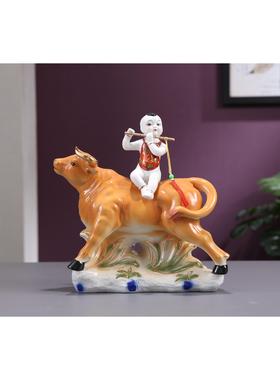 陶瓷牧童牛黄牛摆件中式客厅电视柜书房桌面手工家居装饰品礼品