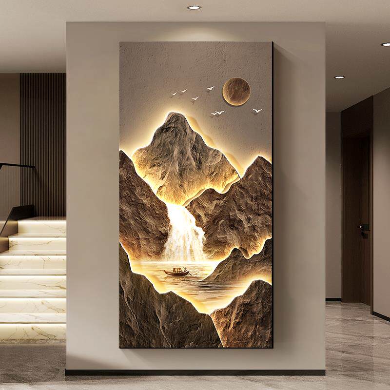 聚宝盆山水画 画玄关装饰画 画竖版灯画 画高级感入户正对门画 画