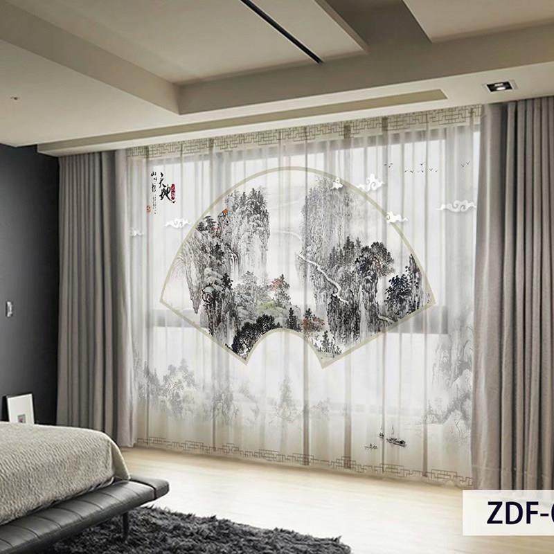 新中式窗帘水墨画山水书房客厅窗纱名宿禅意阳台纱中国风古典纱帘