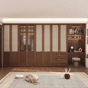 定制实木中古风衣柜家用卧室带梳妆台一体宋代美学大衣橱收纳柜子