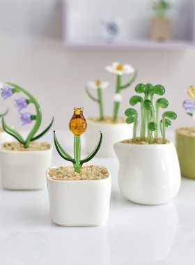 仿真多肉仙人掌豆芽植物小盆栽创意琉璃摆件办公室玻璃工艺品礼物