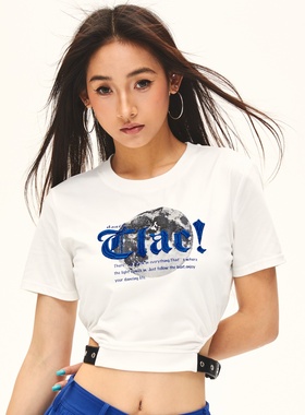 设计师款侧腰镂空刺绣印花吸湿速干凉感高弹高腰短袖运动T恤女