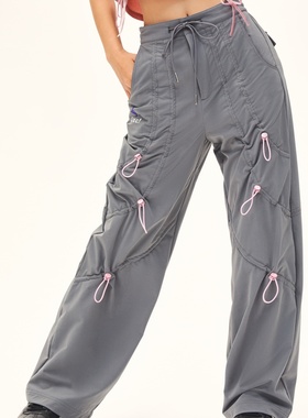 Clac！高弹舒适透气撞色抽绳设计街舞运动工装长裤女