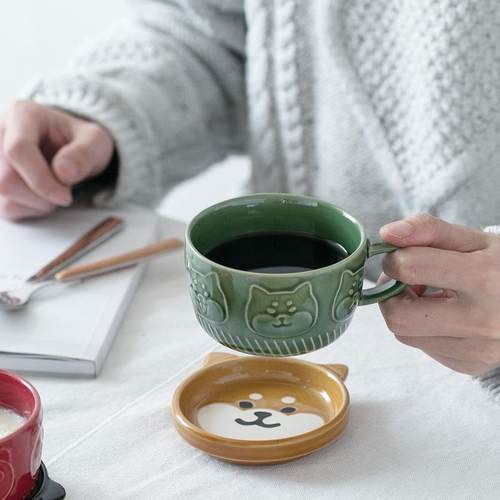 OQ5M日单柴犬熊猫带盖子杯子 咖啡杯牛酸奶杯陶瓷早餐杯可爱七点