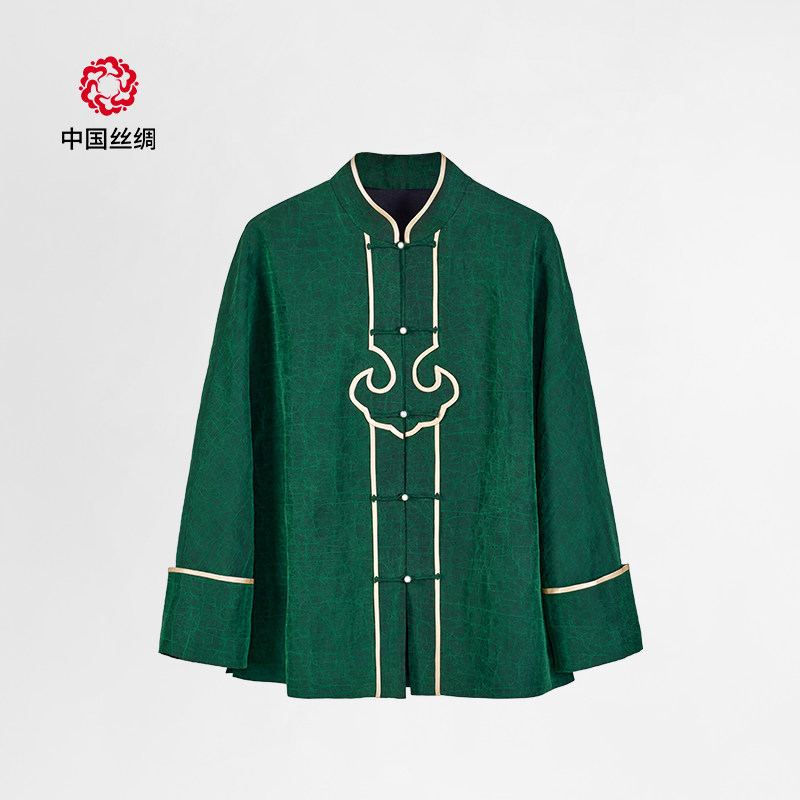 中国丝绸隆鹊【绿龟裂纹香云纱】时尚如意头老钱风宽松休闲上衣