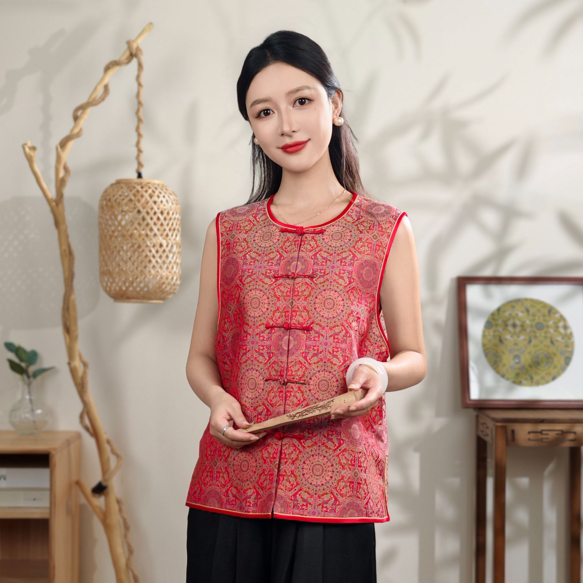 中国丝绸隆鹊【上久楷 青红地變龙纹】宋锦新中式中国风红色马甲