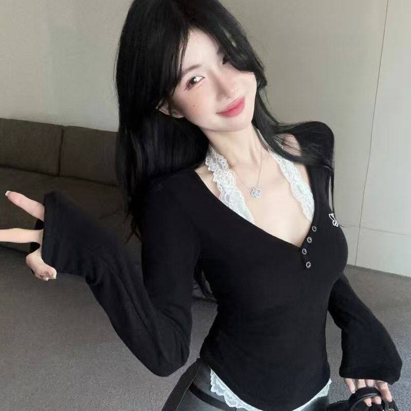 春秋纯欲黑色蕾丝显瘦T恤