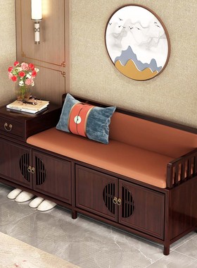 乌金木靠背换鞋凳乌金木换鞋凳家用门口鞋柜新中式一体实木穿鞋凳