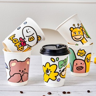 一次性卡通加厚咖啡纸杯300/400ml奶茶打包外带隔热饮杯双层中空