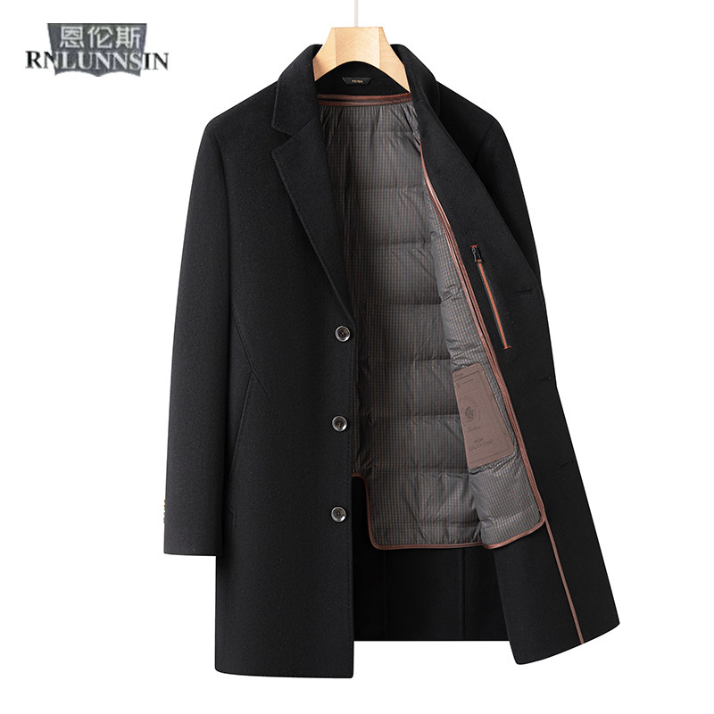 双面呢大衣男士中长款西装领黑色羽绒内胆2025新款高端羊毛呢外套