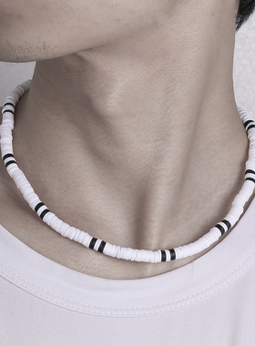 热销波西米亚风软陶片拼接木片男士项链百搭黑白拼接软陶项链