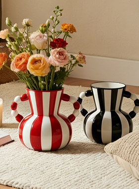 美式复古陶瓷花瓶高级感客厅插花花瓶玄关民宿中古风摆件双耳花瓶