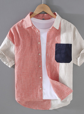 G060红色小方格拼接薄款亚麻男士青年宽松麻衬衫短袖潮男一件代发