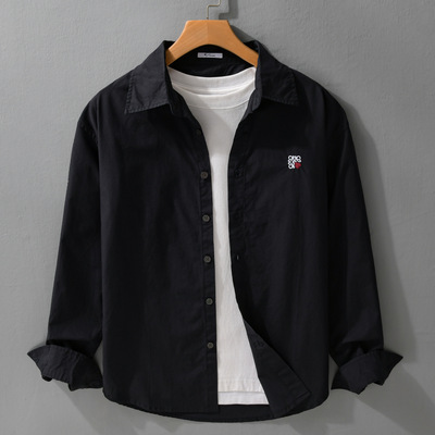 春秋季日系清新刺绣纯色长袖衬衫休闲宽松白寸衫青年潮流衬衣9142