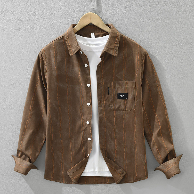 7727日系复古条纹长袖衬衫男士时尚百搭文艺休闲宽松上衣一件代发,男装,衬衫,淘宝优惠券,粉丝福利购,淘宝优惠卷