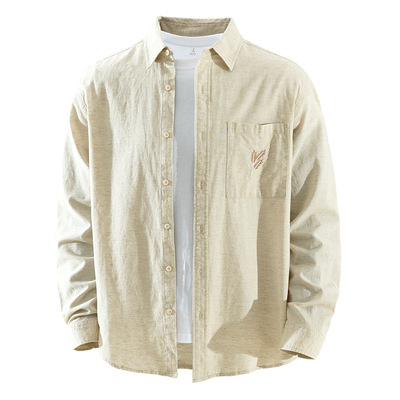 7958日系棉麻潮流长袖衬衫男士百搭文艺休闲麻料宽松上衣一件代发