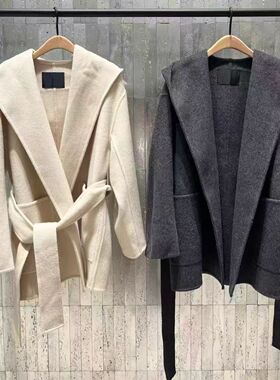专柜毛呢外套2025冬新品含绵羊毛羊驼毛连帽大衣附腰带MBE4OVC018