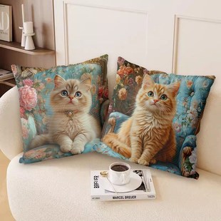 猫咪下午茶高贵动物全绣抱枕套满绣十字绣自己手工线绣家用抱枕