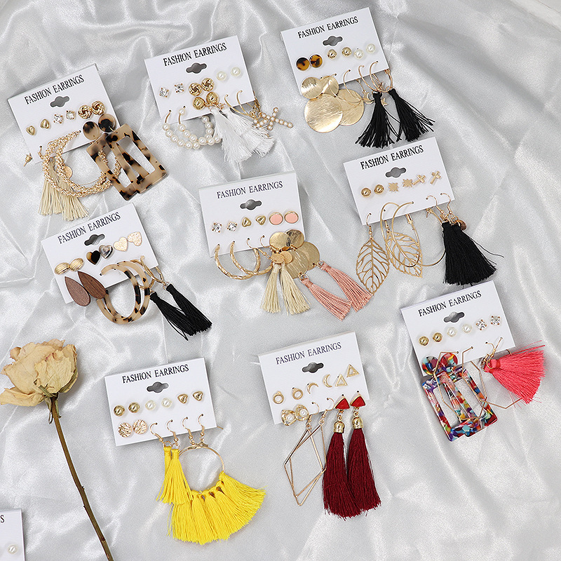 热销耳环套装夸张板材耳钉波西米亚流苏长款珍珠耳饰earrings