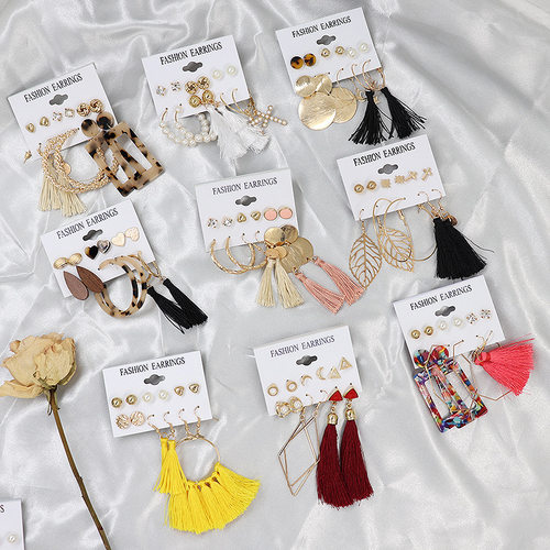 热销耳环套装夸张板材耳钉波西米亚流苏长款珍珠耳饰earrings