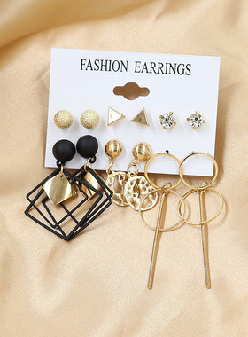 货源亚马逊流行组合耳环套装几何黑色方块金属圆圈耳钉6件套