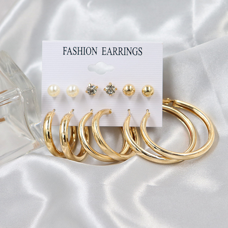 配饰夸张加粗大圆圈耳环水钻珍珠耳钉多重元素6件套装耳饰女