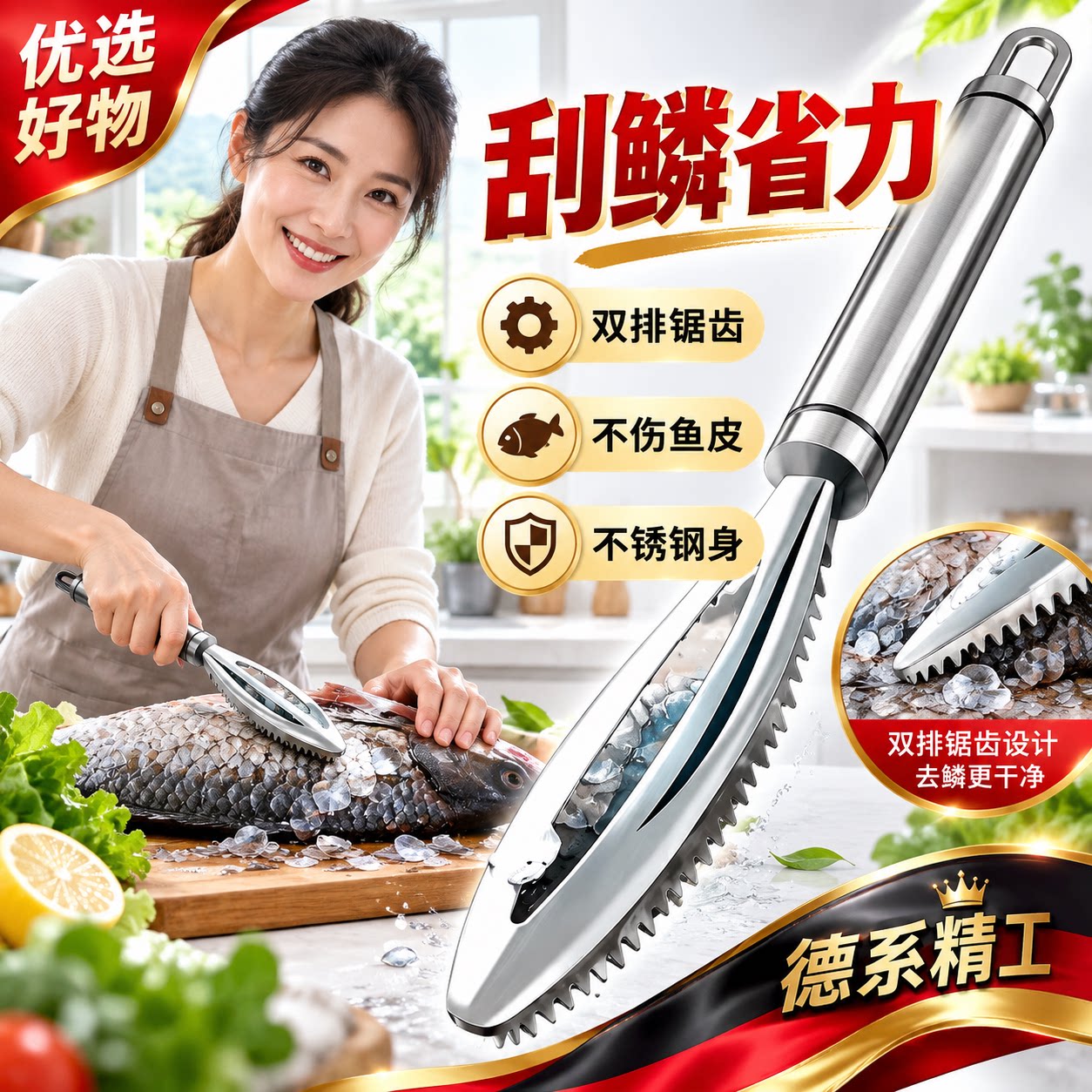 【德国精工】不锈钢防飞溅鱼鳞刀