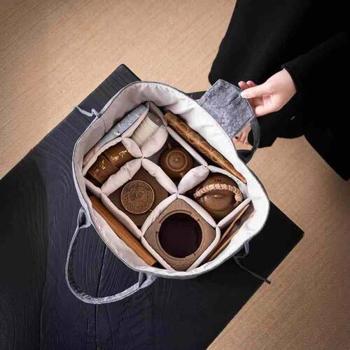 整套旅行茶具收纳包超大号家用户外可携式茶具大容量麻纤维布艺包