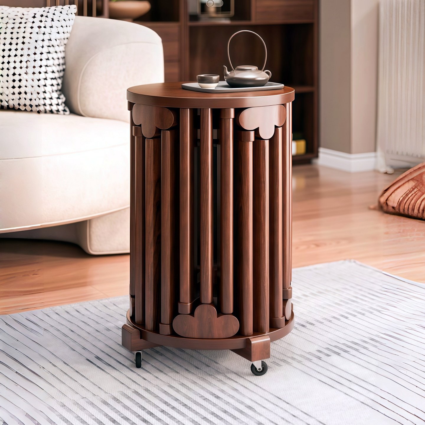 实木圆凳可叠放家用叠叠乐凳子餐桌备用凳收纳组合凳带滑轮中古风