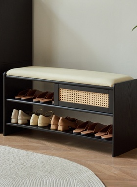 实木换鞋凳家用门口黑色可坐式穿鞋凳长条凳入户门鞋架坐凳一体