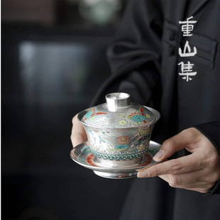 高档手绘三才盖碗不烫手鎏银茶碗家用珐琅彩功夫茶具泡茶碗