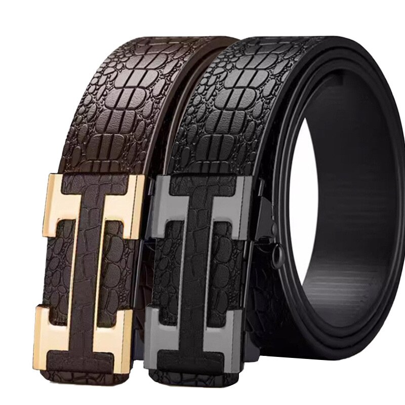 2025新款男士鳄鱼纹自动皮带合金内穿商务腰带复古时尚内扣头百搭
