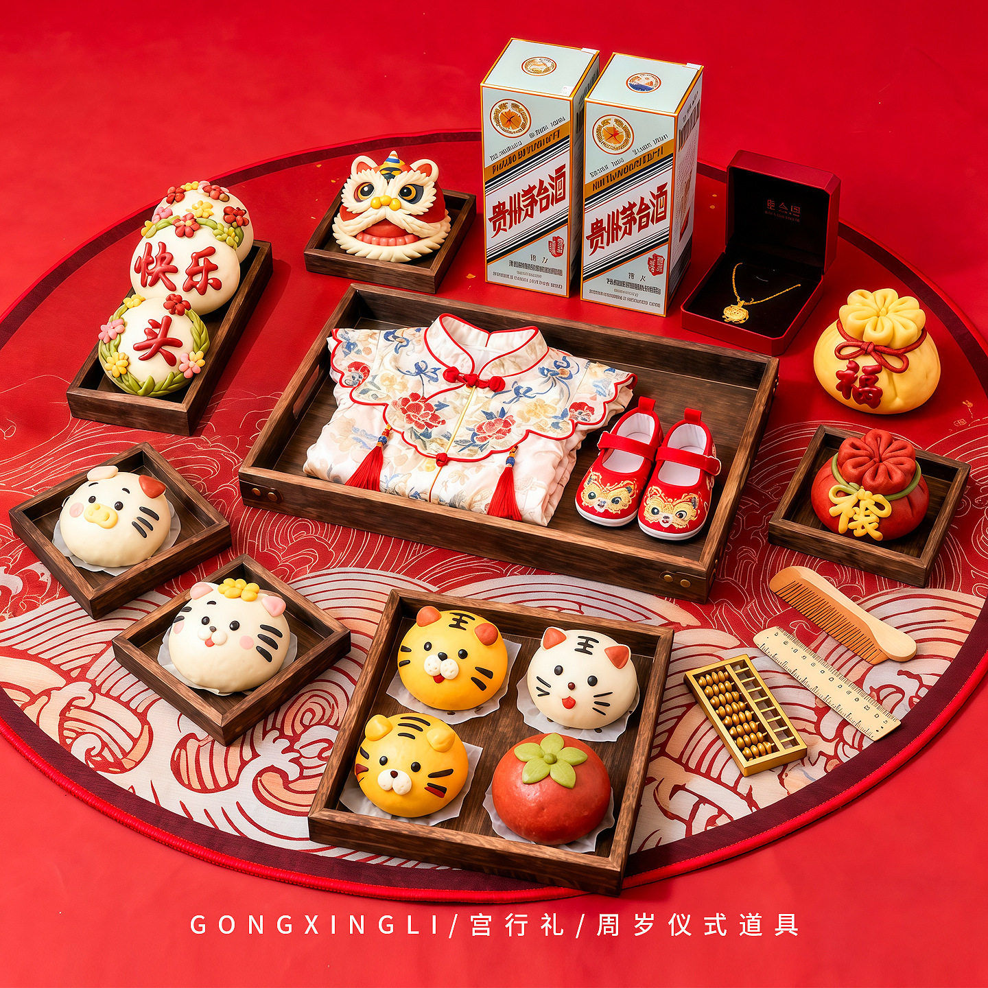 花馍馍周岁托盘衣服礼服盘子抓周礼用品生日布置仪式拍照道具图片