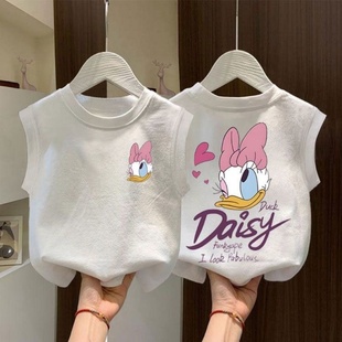 可爱圆领T恤洋气休闲儿童薄款 背心新款 上衣 女童无袖 100%纯棉夏季