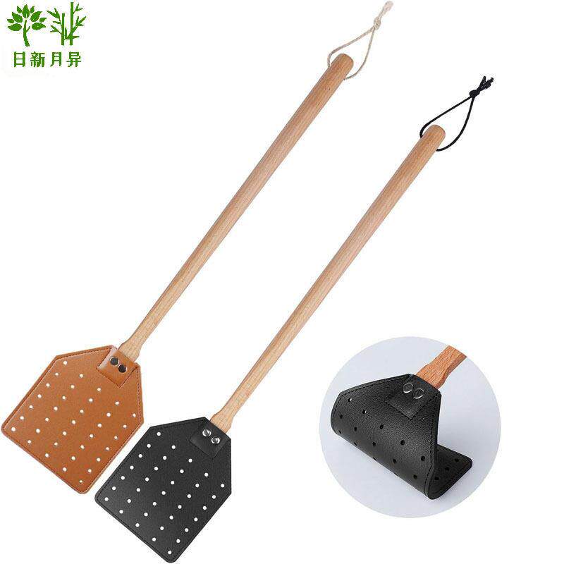 圆木棍皮革苍蝇拍重型皮革苍蝇拍皮革榉木长手柄灭蚊拍打器