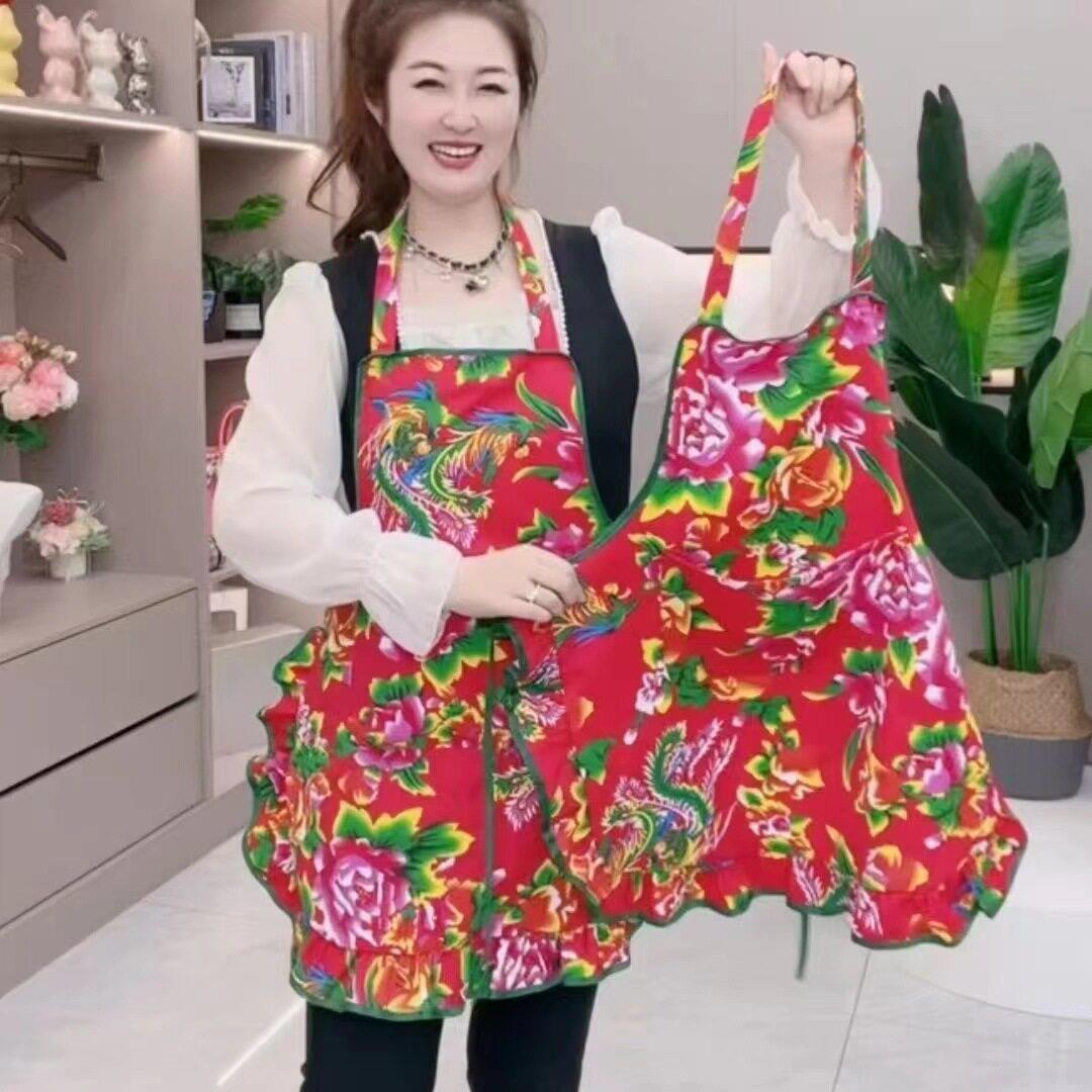 东北大花围裙家用厨房做饭围腰防污耐脏餐饮服务员女服喜庆