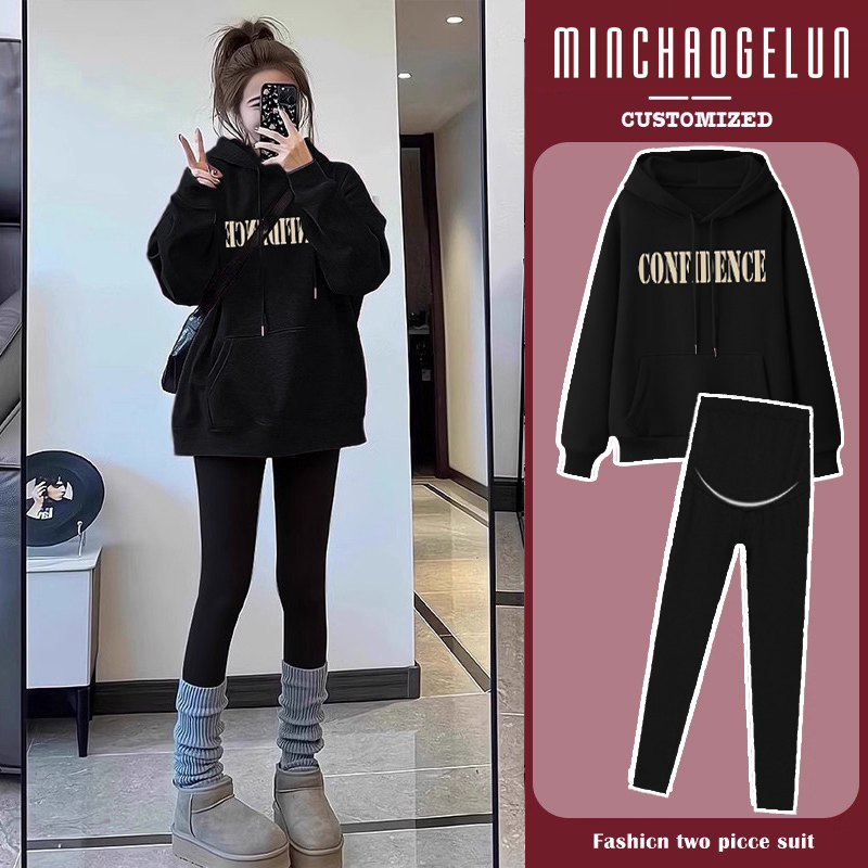 孕妇套装2025新款宽松时尚显瘦鲨鱼裤穿搭加绒秋冬连帽纯棉卫衣