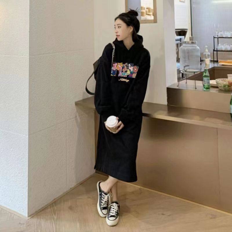韩系慵懒风纯棉连帽卫衣裙孕妈秋冬新款加绒直筒过膝长款连衣裙