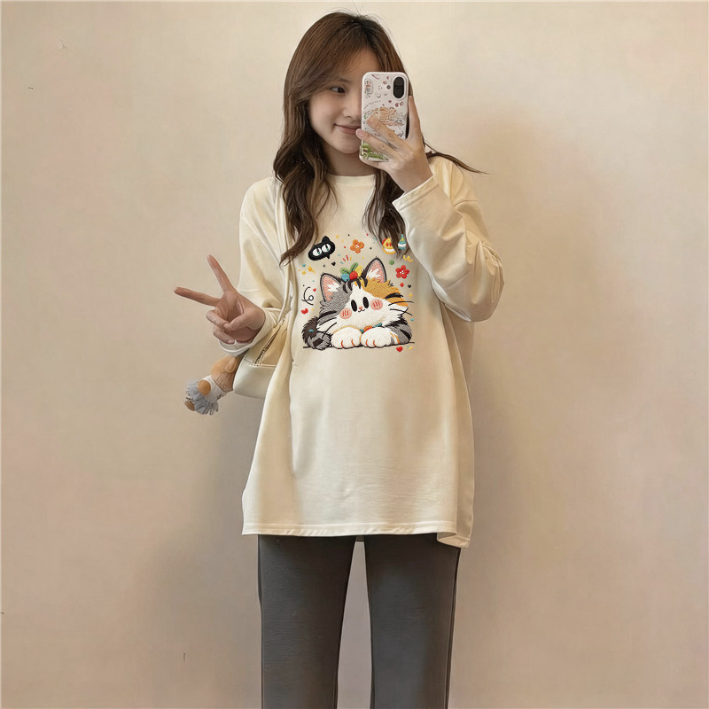 韩版卡通孕妇装纯棉长袖T恤女春秋大码宽松遮肚中长款休闲打底衫
