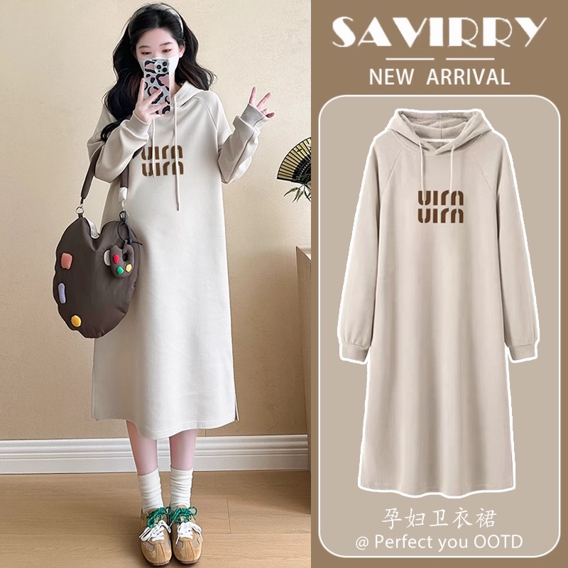 孕妇装秋冬连帽纯棉宽松卫衣裙