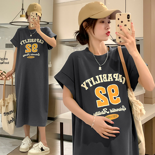 显瘦t恤裙时尚 孕妇夏装 中长款 连衣裙韩版 潮妈过膝开叉长裙子 短袖