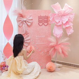 订婚装饰布置迎宾牌kt板女方出阁宴粉色蝴蝶结烟花摆件结婚背景墙