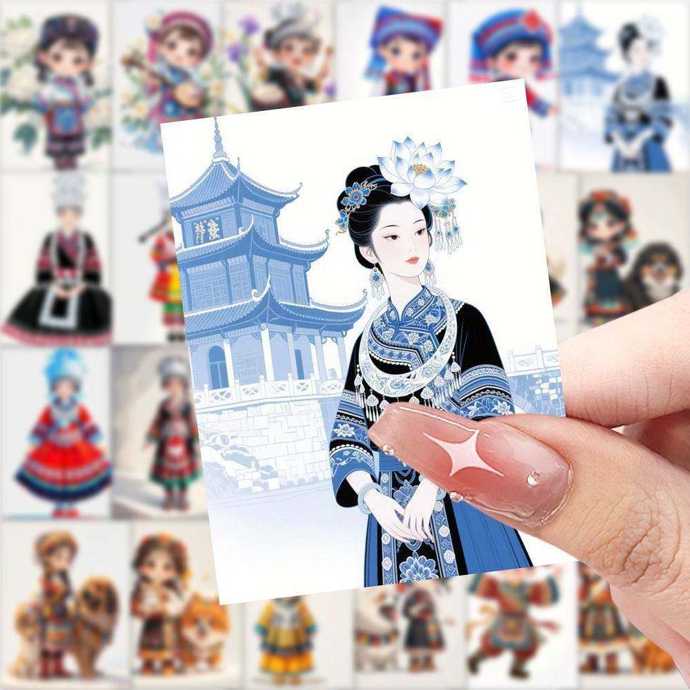 新款少数名族插画贴纸ins高颜值动漫风精美民族传统服饰插画贴画