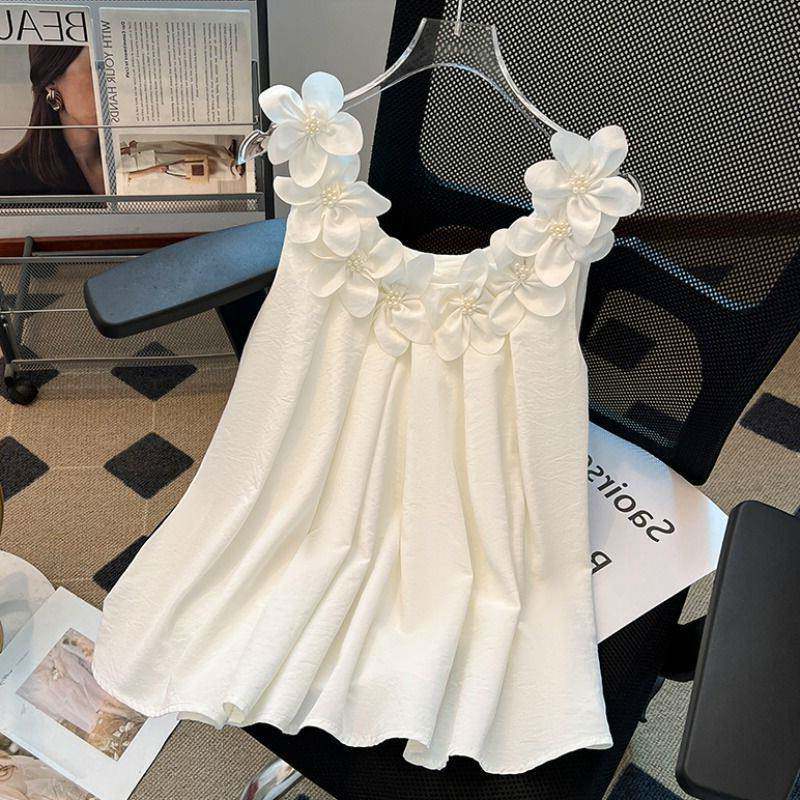 法式重工立体花朵白色无袖吊带背心女夏季2025新款宽松短款连衣裙